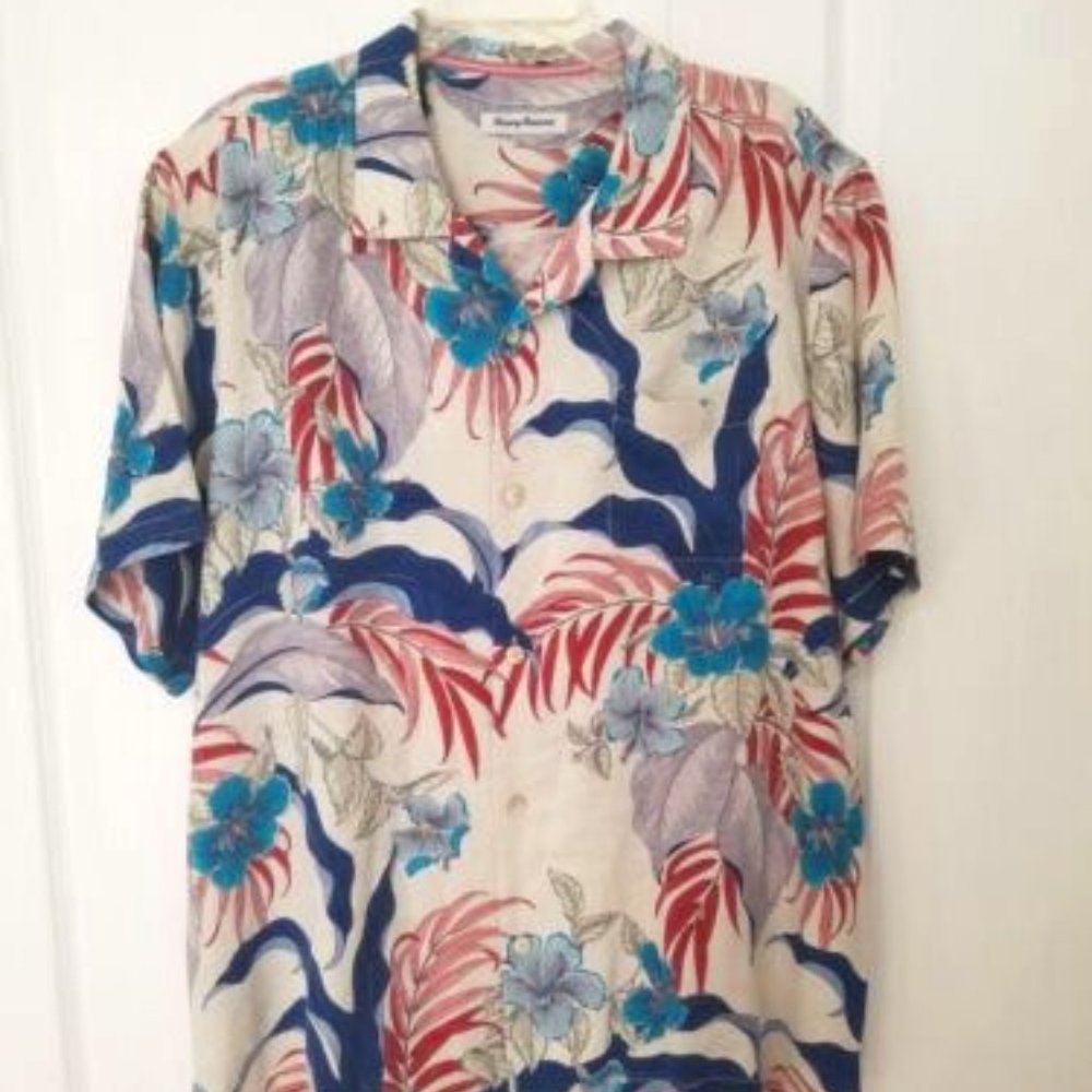 Tommy Bahama 100% Silk Mens XXL Blue Red Tropical Print Top Shirt